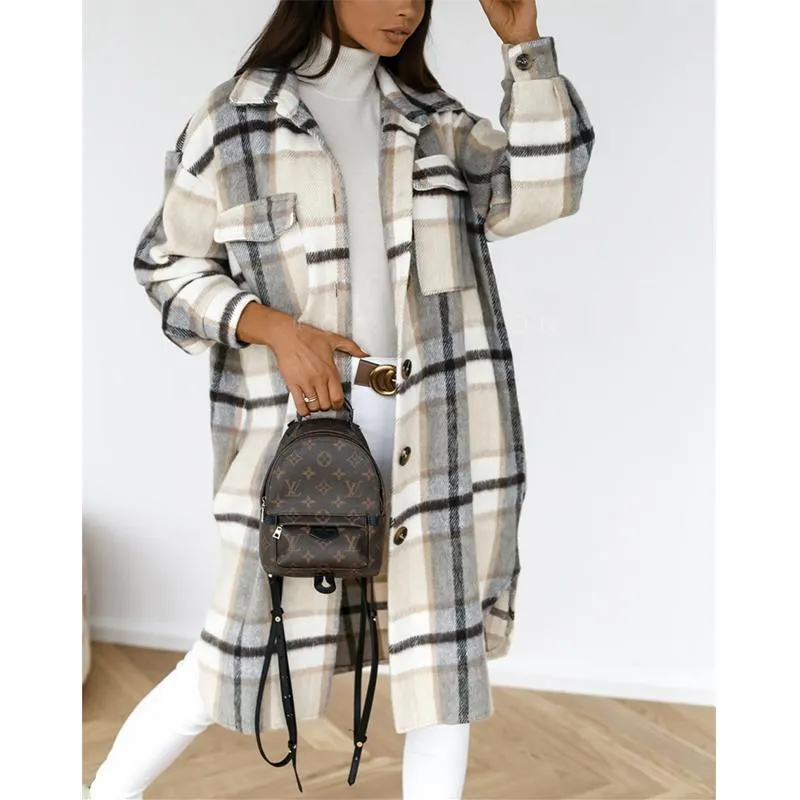 Women button up tweed long plaid coat with pockets