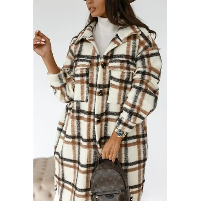 Women button up tweed long plaid coat with pockets