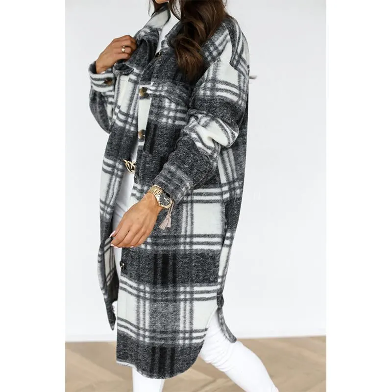 Women button up tweed long plaid coat with pockets