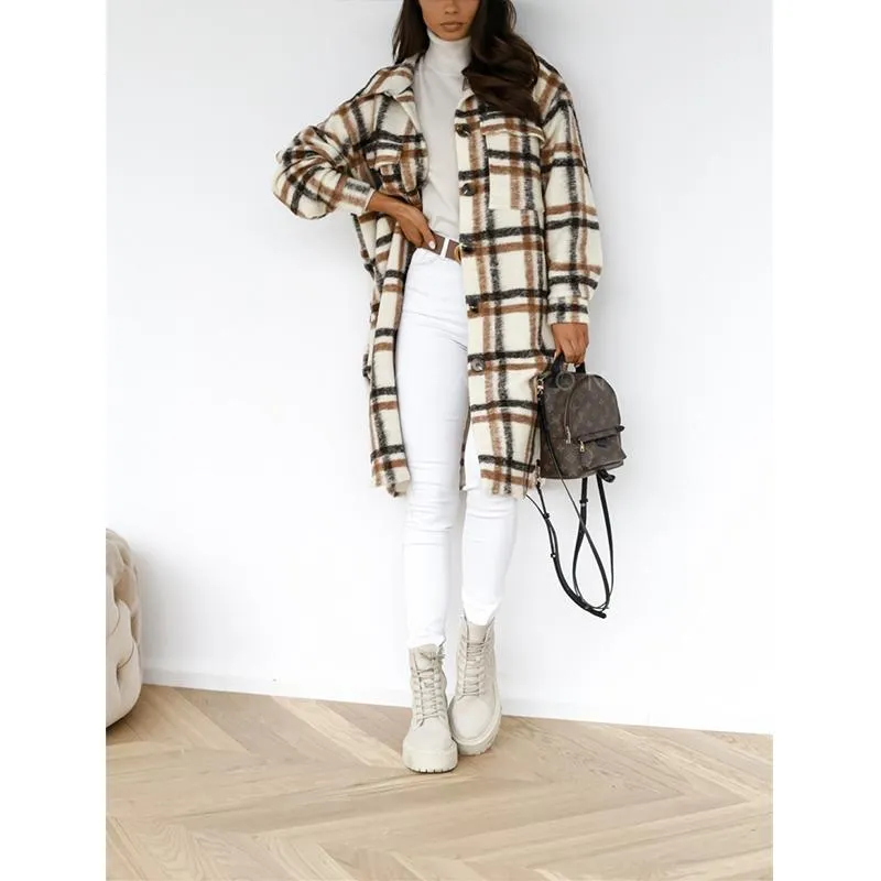 Women button up tweed long plaid coat with pockets