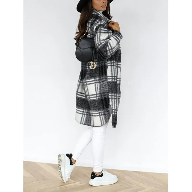 Women button up tweed long plaid coat with pockets