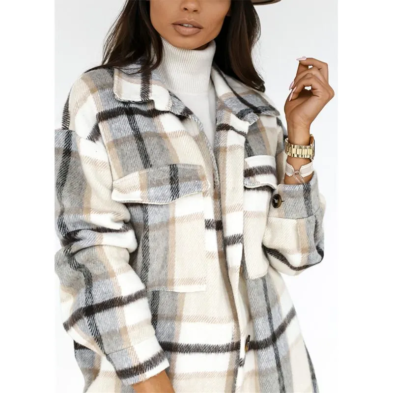 Women button up tweed long plaid coat with pockets