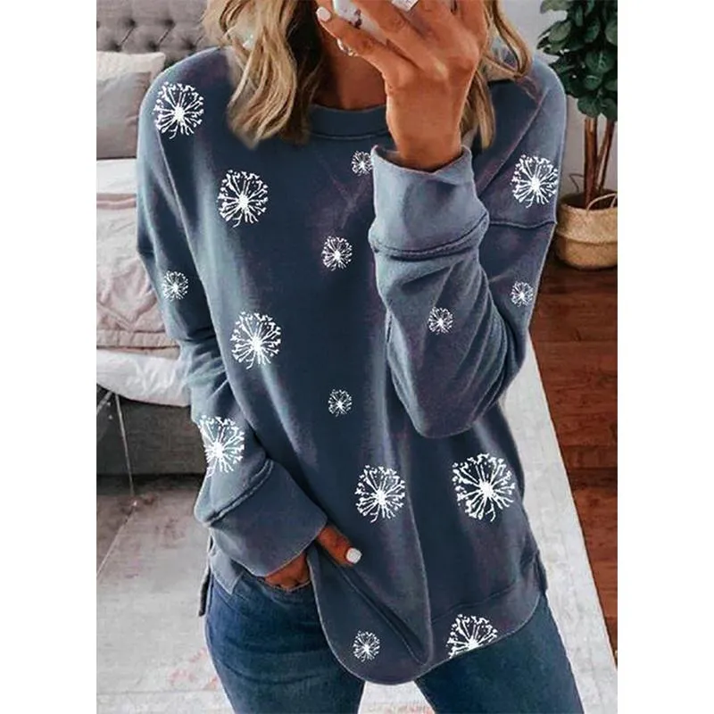 Women crewneck long sleeve white flowers printed christmas sweatshirt