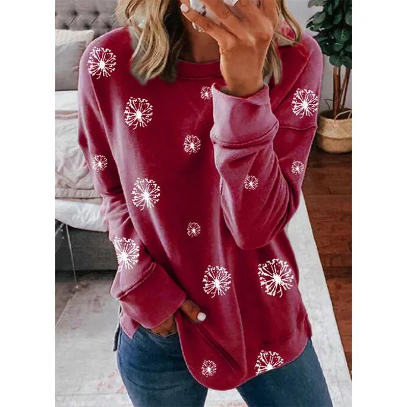 Women crewneck long sleeve white flowers printed christmas sweatshirt