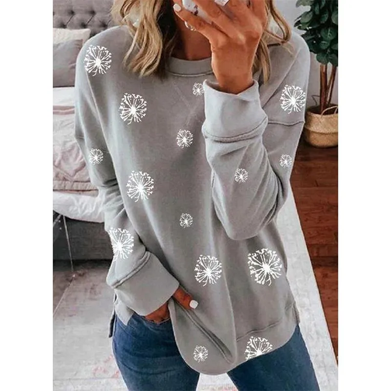 Women crewneck long sleeve white flowers printed christmas sweatshirt