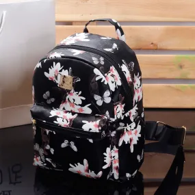 Women Cute School Bags Backpack Mini 2016 Fashion Back Pack Floral Printing Black Small PU Leather Backpack For Teenagers Girls