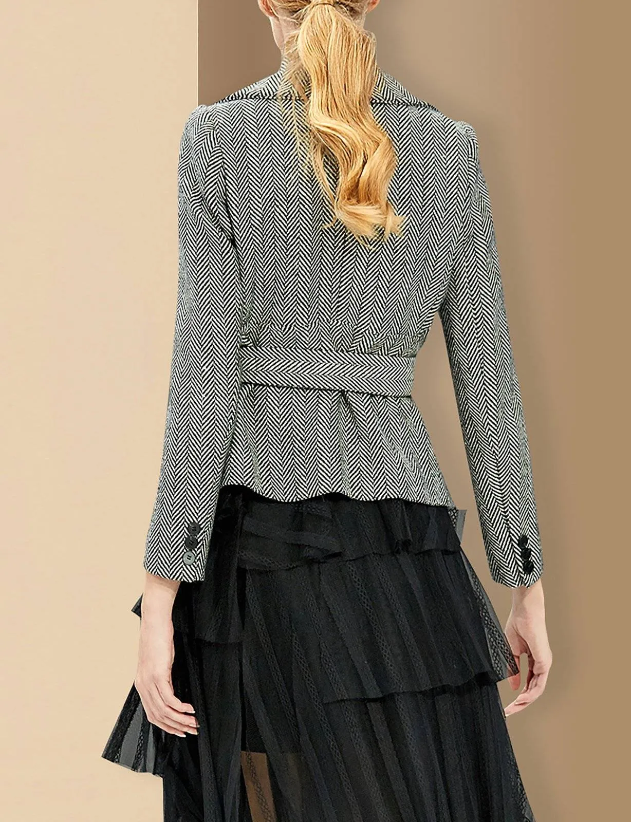 Women Gray Herringbone Wool Blazer Coat