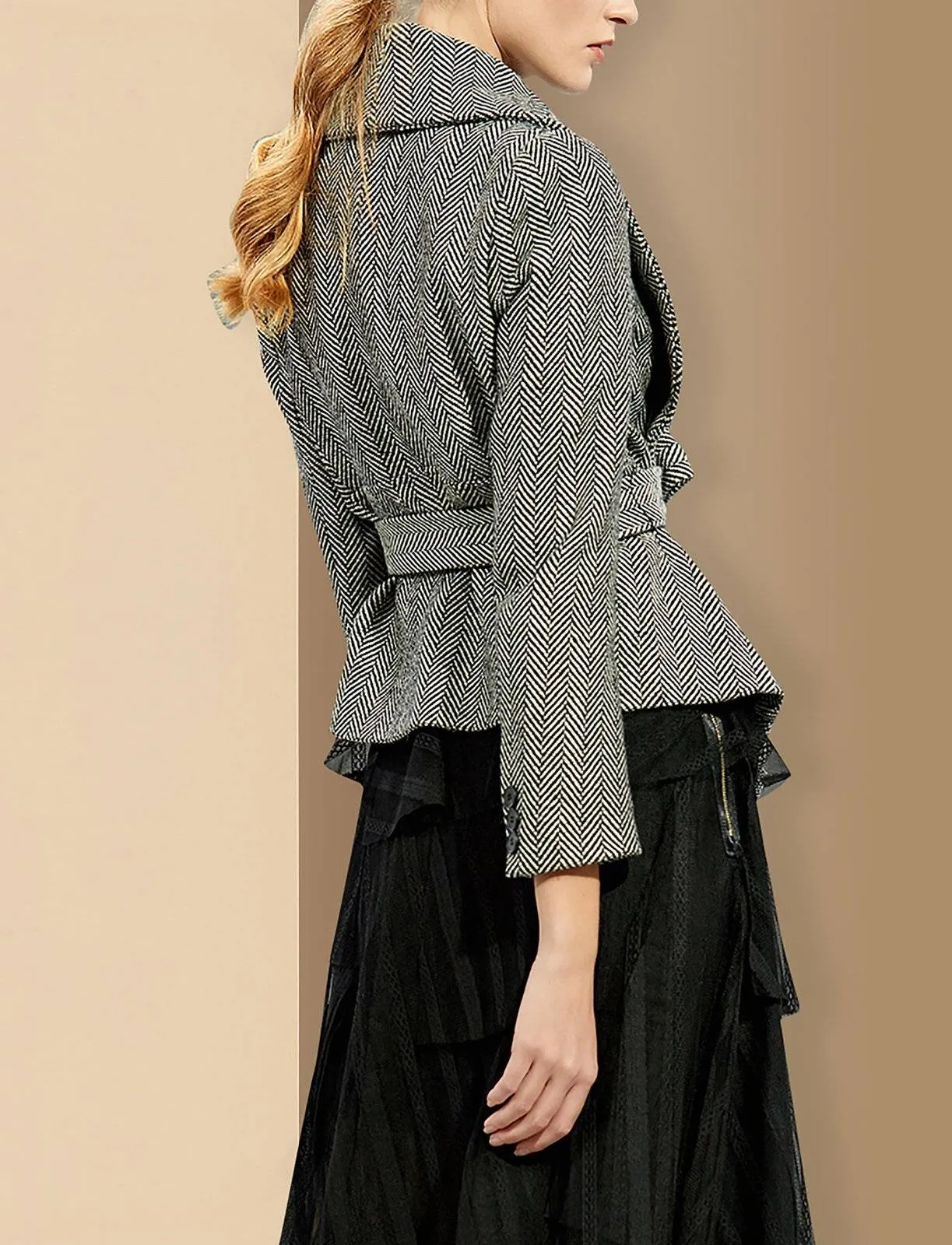 Women Gray Herringbone Wool Blazer Coat