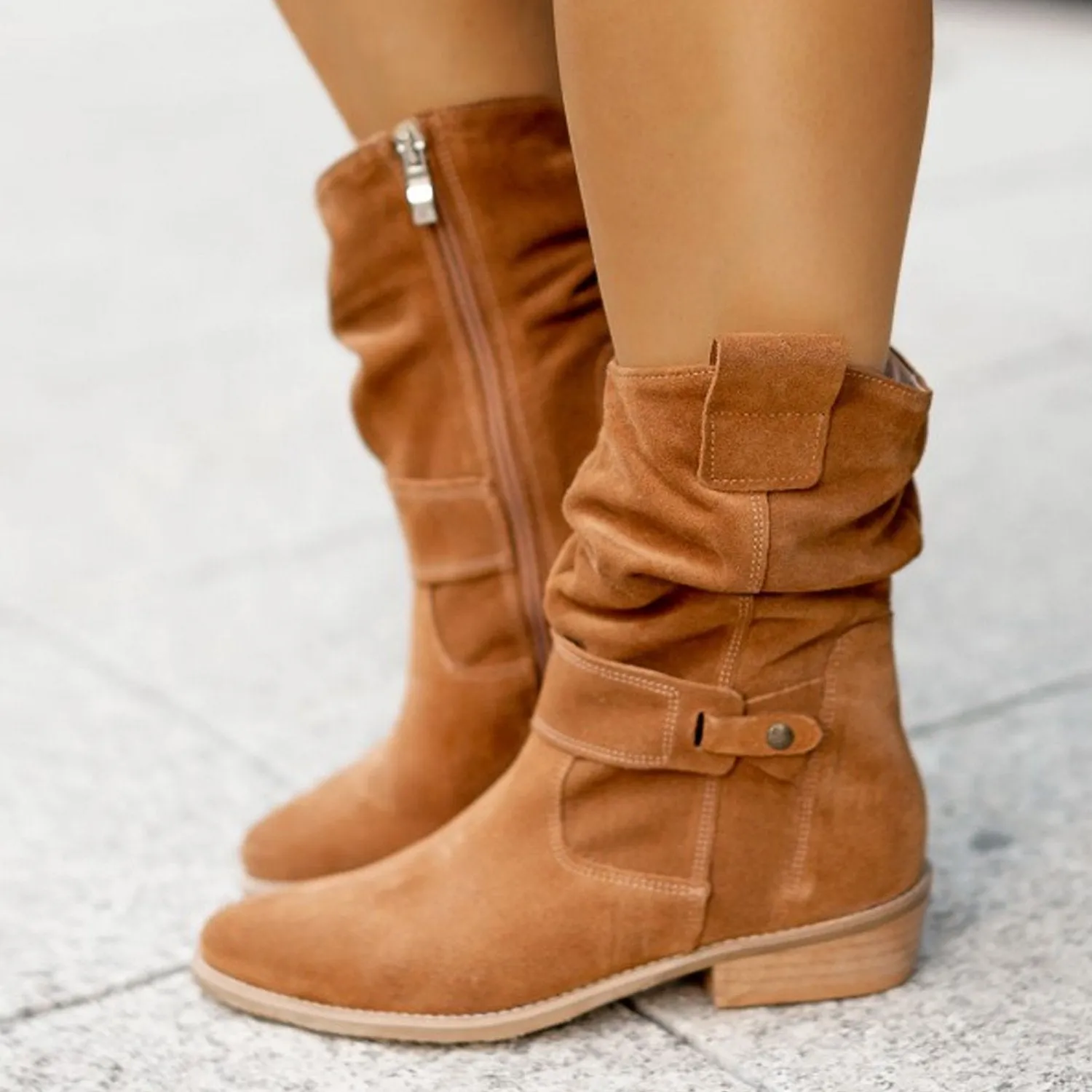 Women solid color side zipper square low heel booties