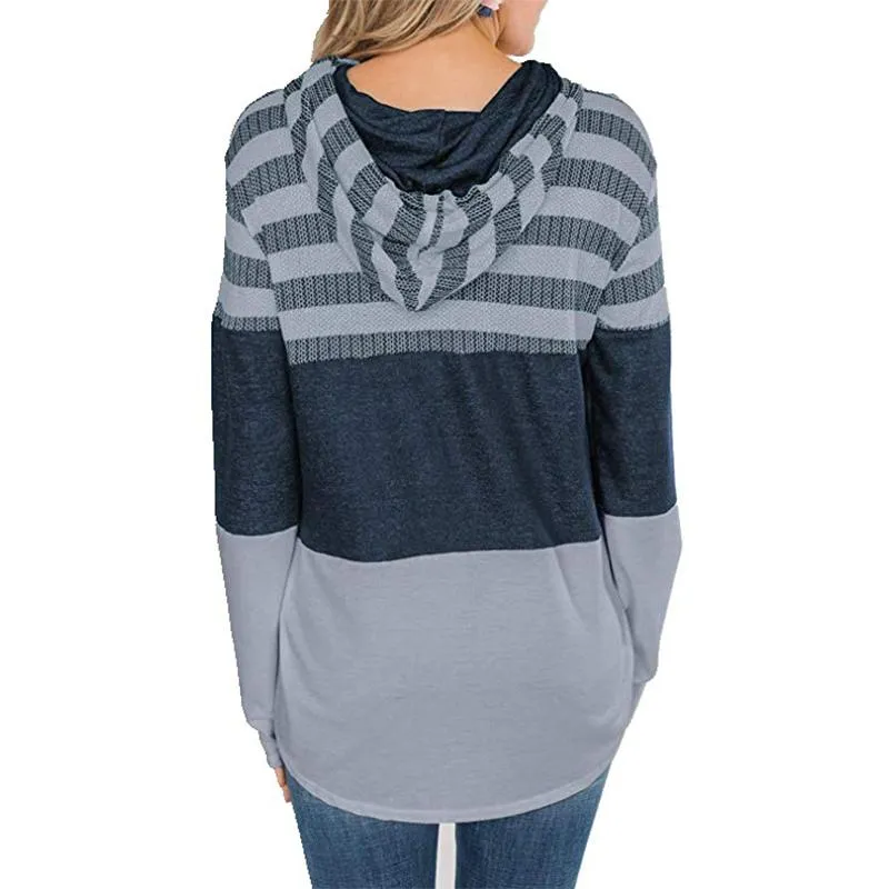 Women stripe printed drawstring long sleeve sports hoodied sweatshirt