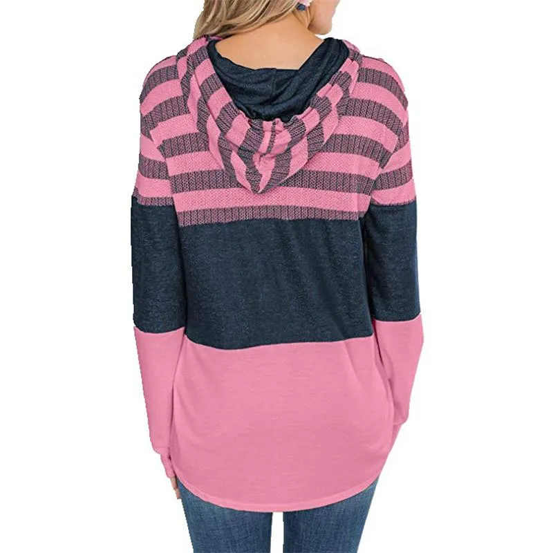 Women stripe printed drawstring long sleeve sports hoodied sweatshirt