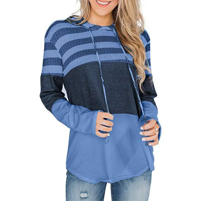 Women stripe printed drawstring long sleeve sports hoodied sweatshirt