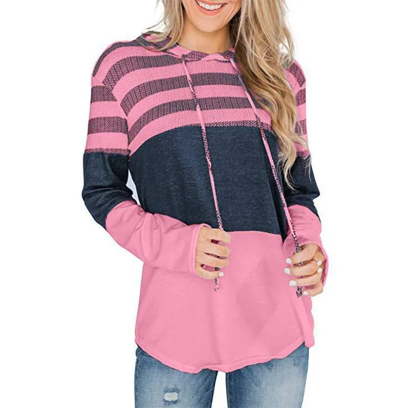 Women stripe printed drawstring long sleeve sports hoodied sweatshirt