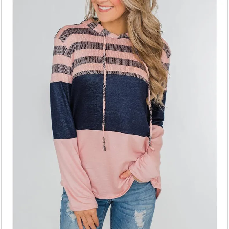 Women stripe printed drawstring long sleeve sports hoodied sweatshirt