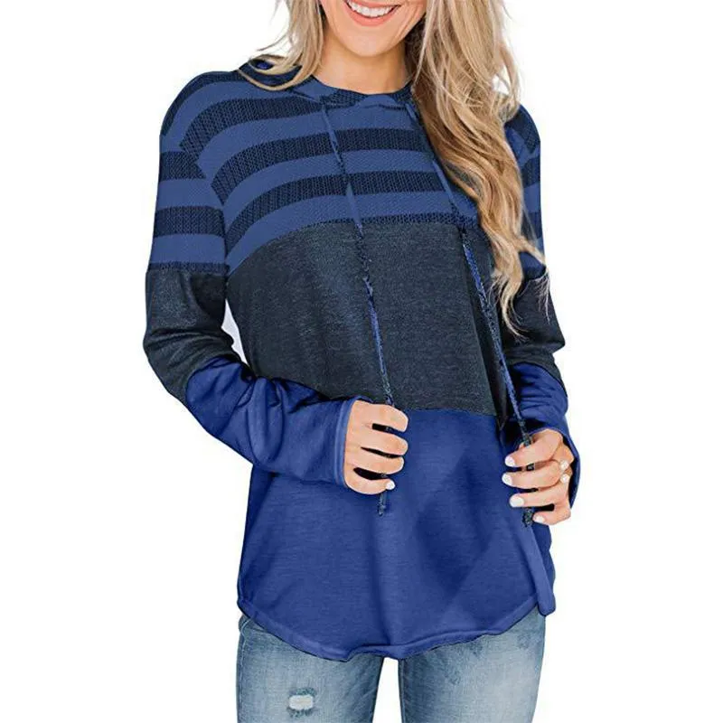 Women stripe printed drawstring long sleeve sports hoodied sweatshirt