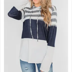 Women stripe printed drawstring long sleeve sports hoodied sweatshirt