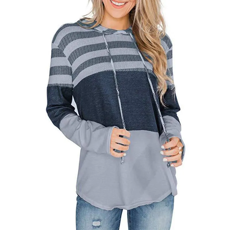 Women stripe printed drawstring long sleeve sports hoodied sweatshirt