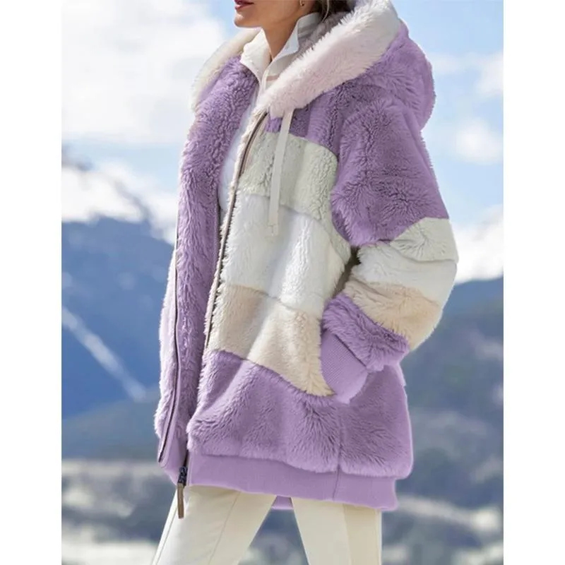 Women winter fall zipper drawstring faux fur hooded coat