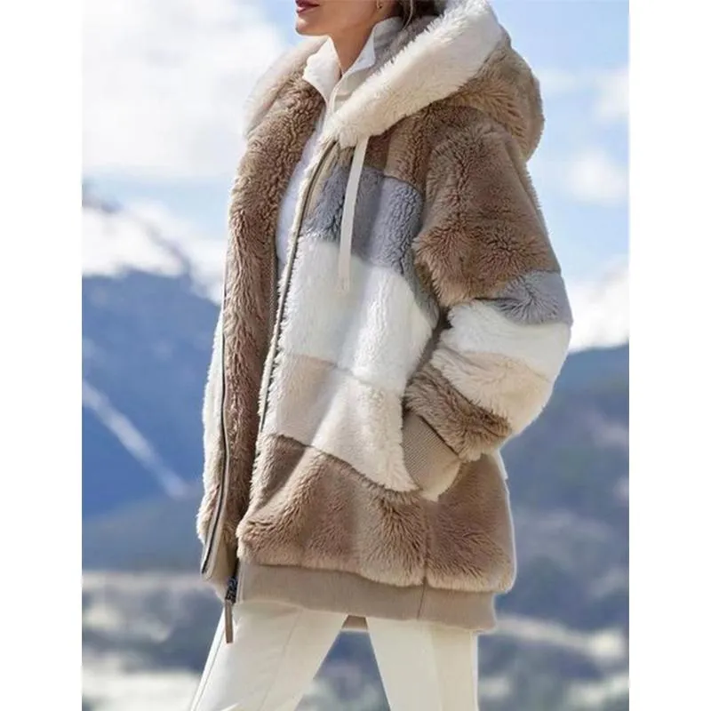 Women winter fall zipper drawstring faux fur hooded coat