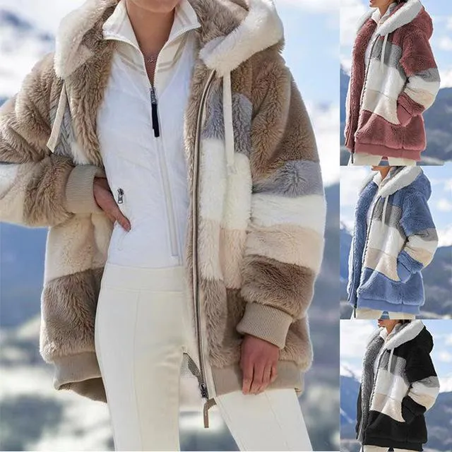 Women winter fall zipper drawstring faux fur hooded coat