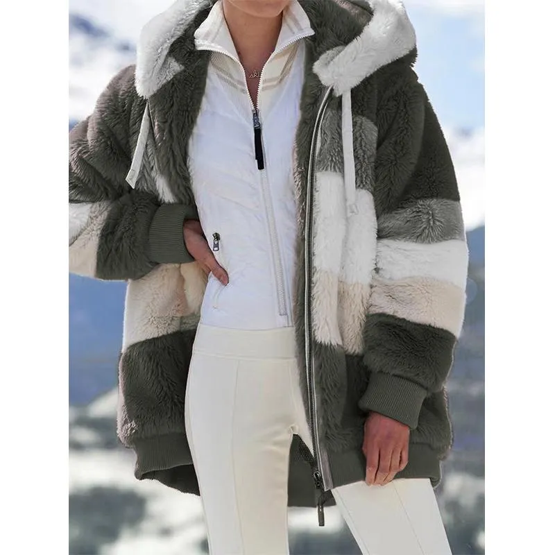 Women winter fall zipper drawstring faux fur hooded coat