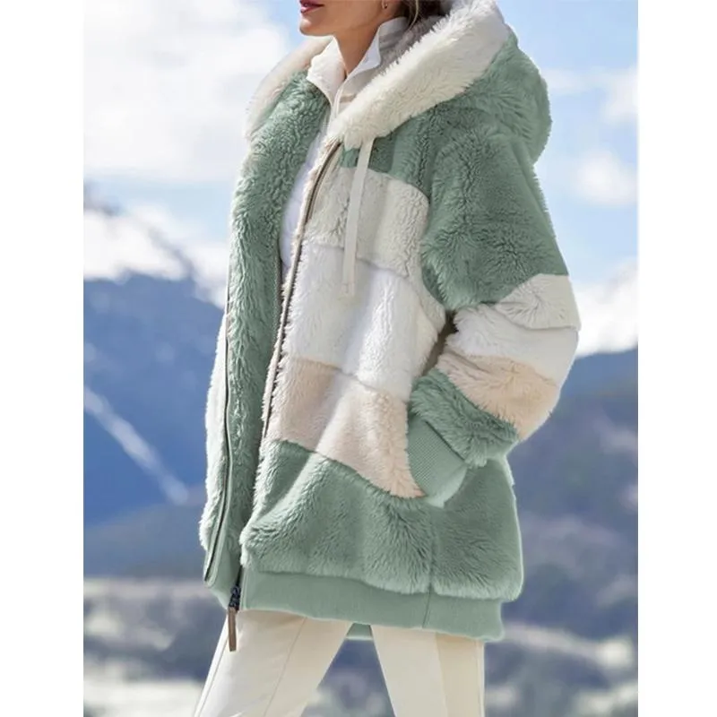 Women winter fall zipper drawstring faux fur hooded coat