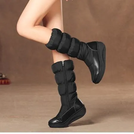 Women winter platform wedge side zipper mid calf snow boots