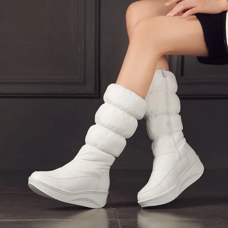 Women winter platform wedge side zipper mid calf snow boots