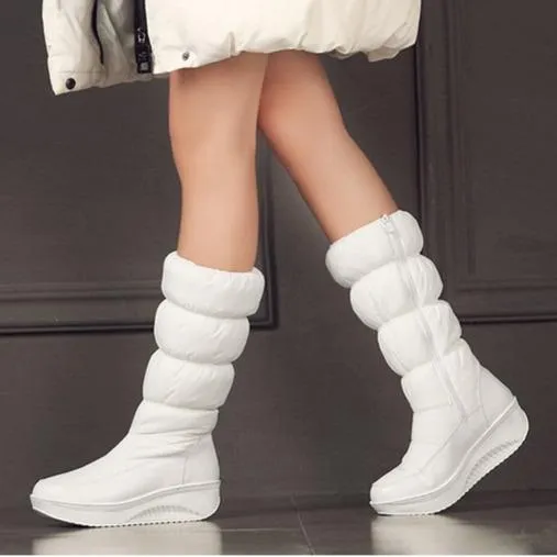 Women winter platform wedge side zipper mid calf snow boots