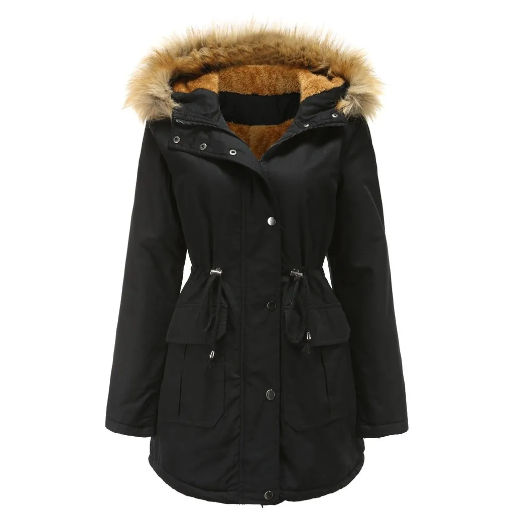 Women zipper pocket winter warm faux fur hooded parka coat