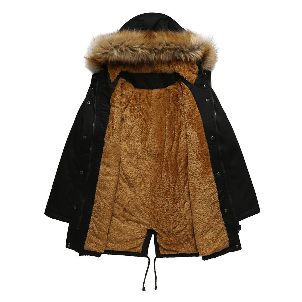 Women zipper pocket winter warm faux fur hooded parka coat