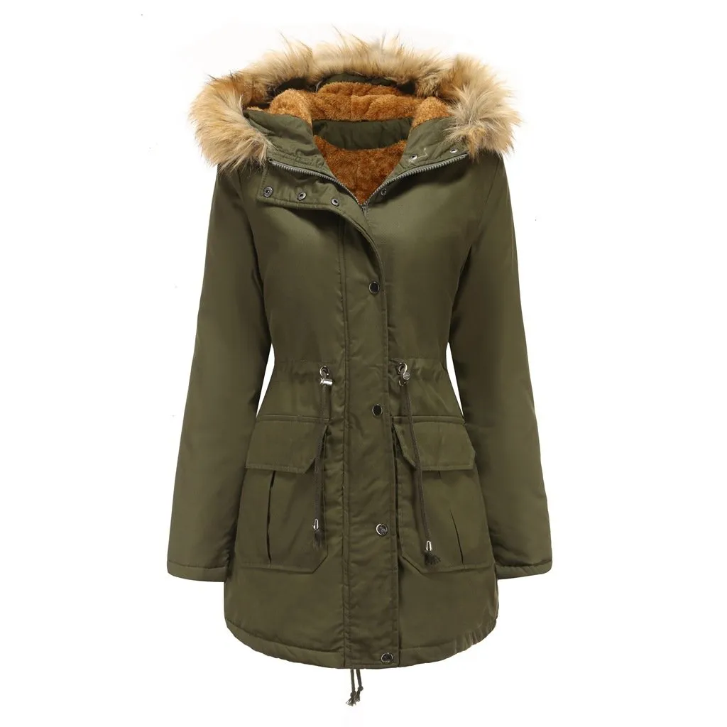 Women zipper pocket winter warm faux fur hooded parka coat