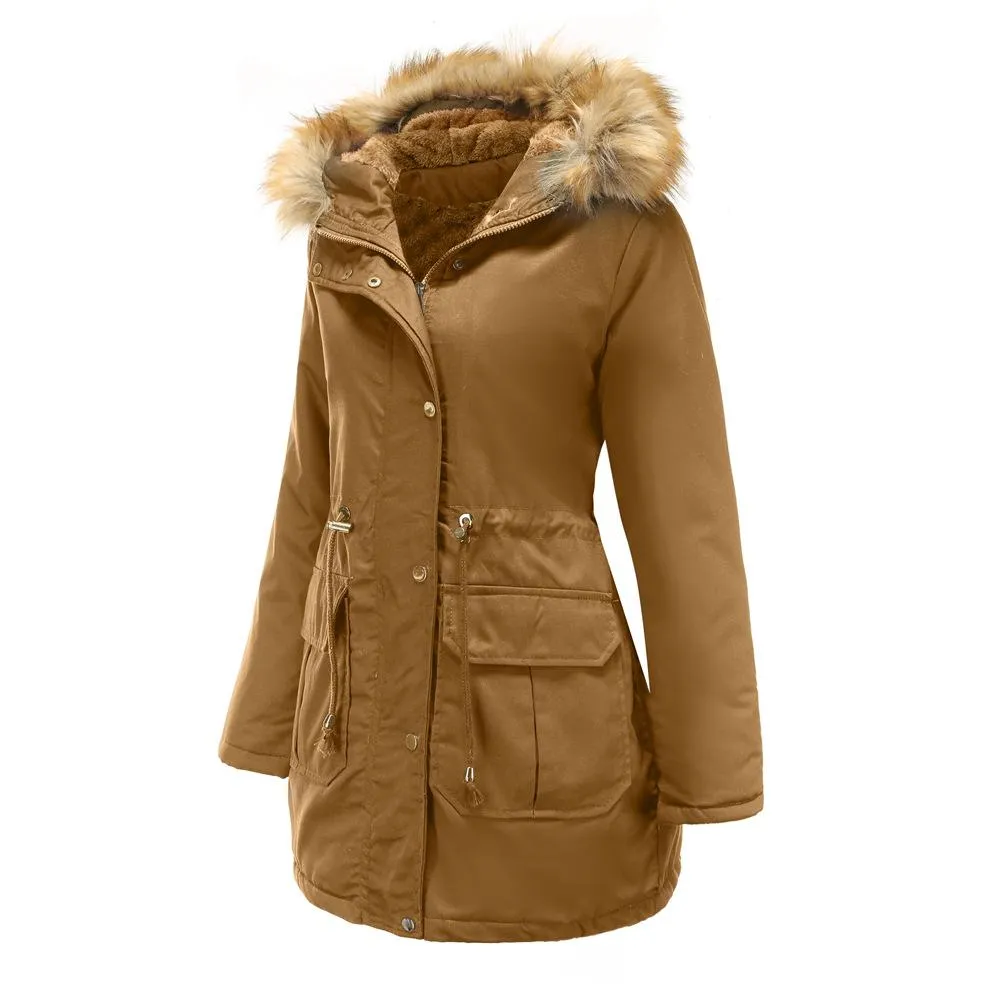 Women zipper pocket winter warm faux fur hooded parka coat