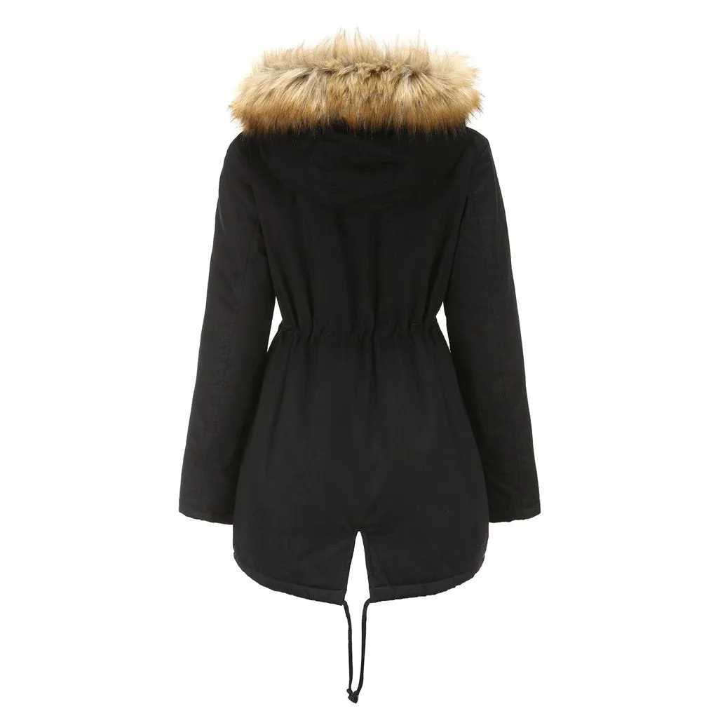 Women zipper pocket winter warm faux fur hooded parka coat