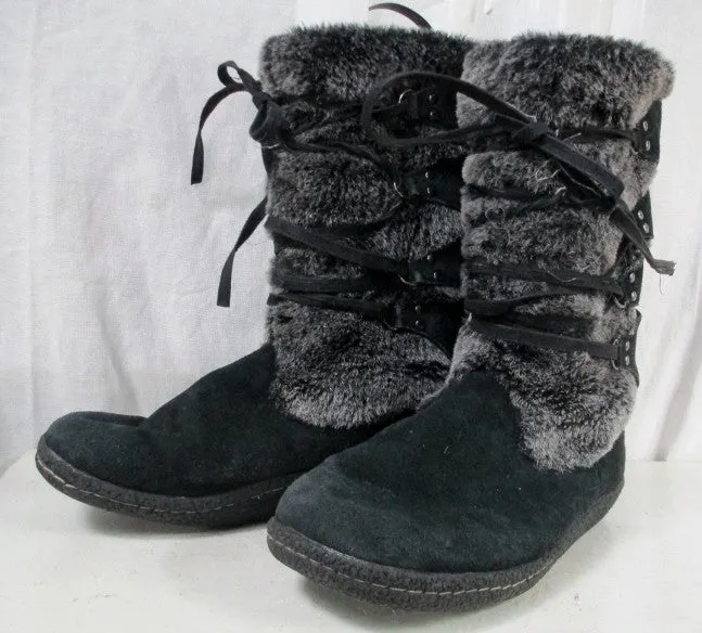 Womens AIRWALK LEATHER Suede Winter MUKLUK BOOTS Shoes BLACK 8.5 Lace Up