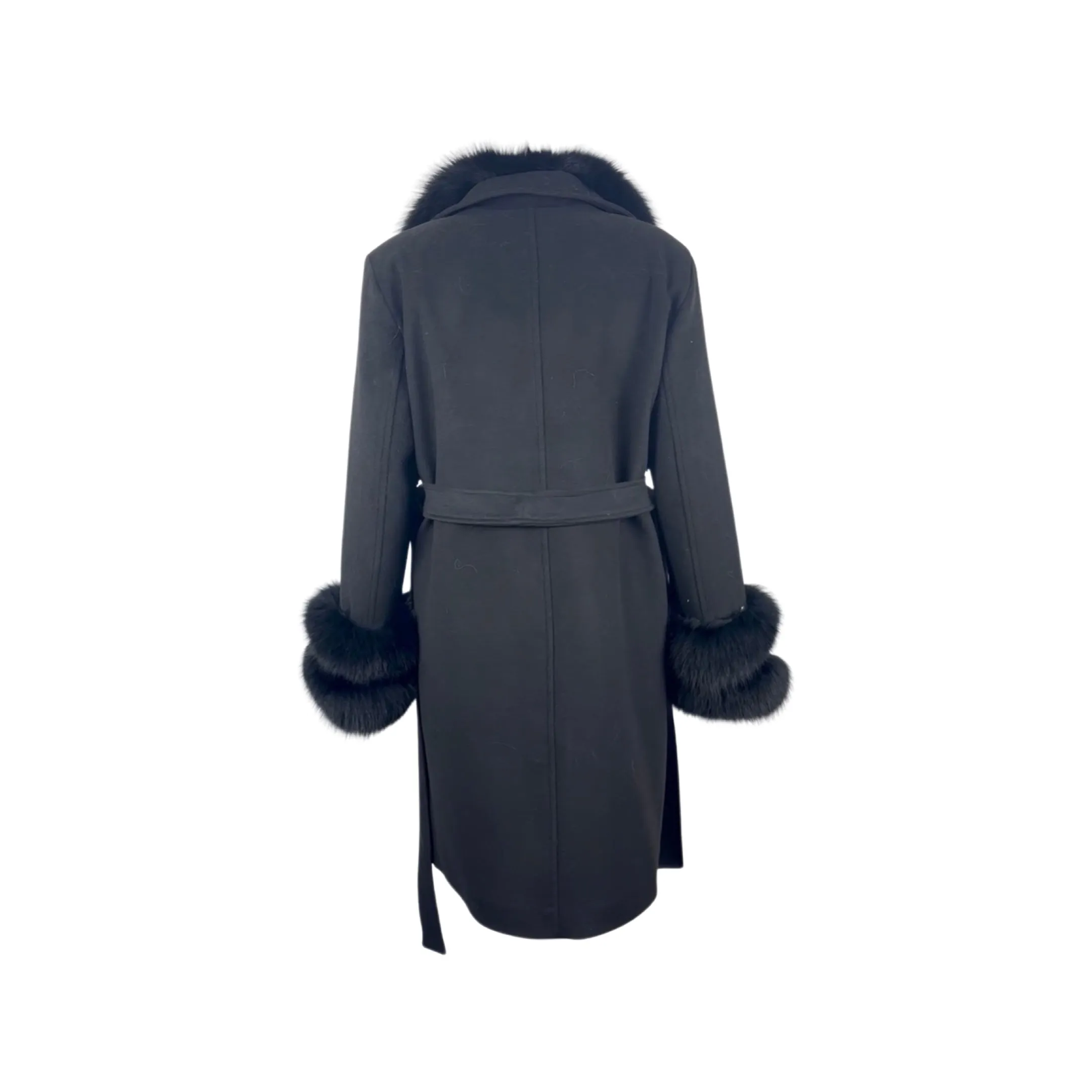 Women's Black Wool Coat with detachable Fox Collar and Cuffs  Trimmed Hood Style # K-10