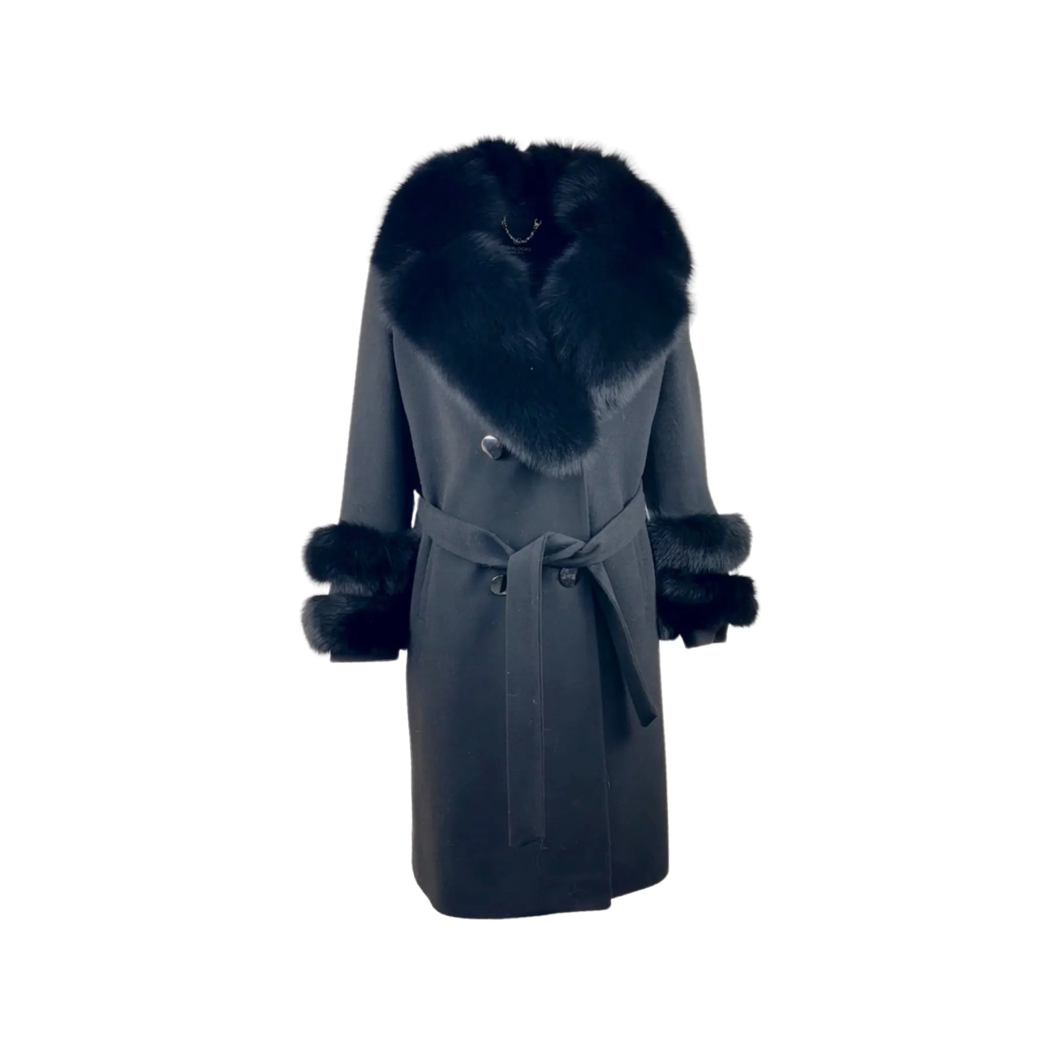 Women's Black Wool Coat with detachable Fox Collar and Cuffs  Trimmed Hood Style # K-10