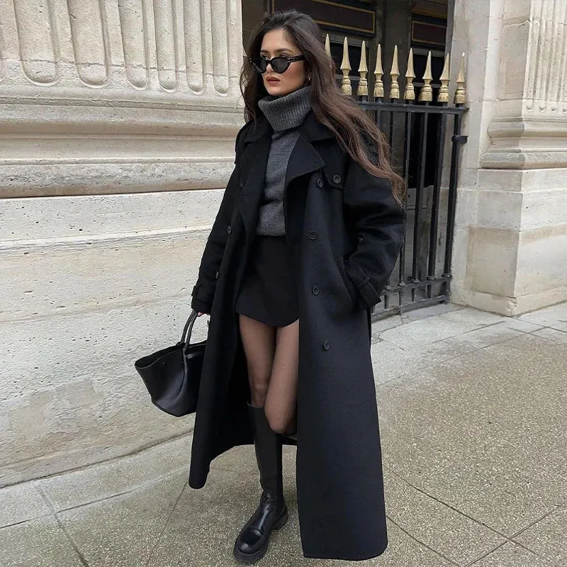 Women's Woolen Double-Breasted Long Trench Coat - Belt